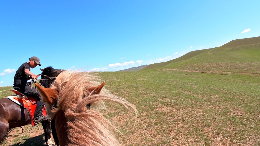 馬が止まりロープで引かれるモンゴルの乗馬ガイド