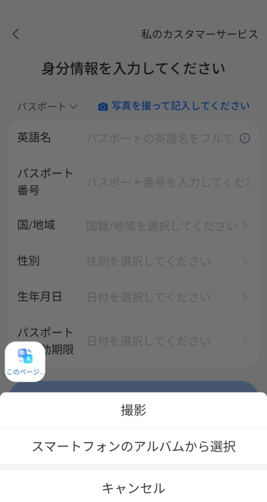 アリペイ個人情報入力画面