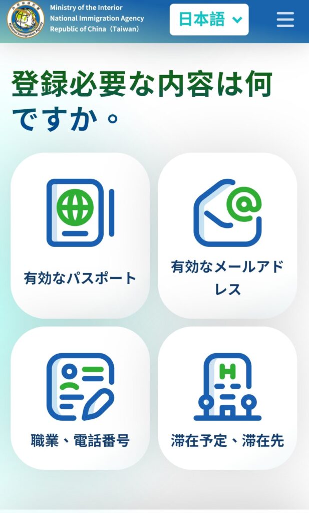 登録必要な内容(パスポート・メールアドレス・職業と電話番号・滞在予定と滞在先)